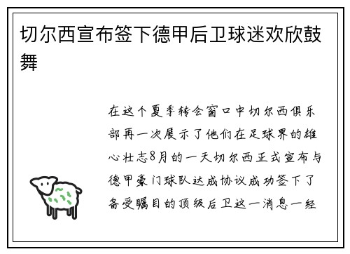 切尔西宣布签下德甲后卫球迷欢欣鼓舞